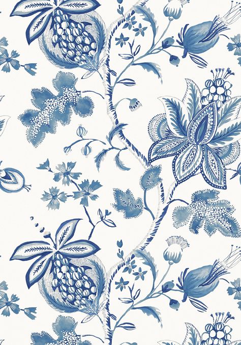 DONEGAL, Blue and White, T13004, Collection Monterey from Thibaut Thibaut Fabric, Blue And White Wallpaper, Thibaut Wallpaper, Flower Pattern Drawing, Blue And White Fabric, Blue And White Floral, Blue Pottery, Bathroom Wallpaper, Blue Decor