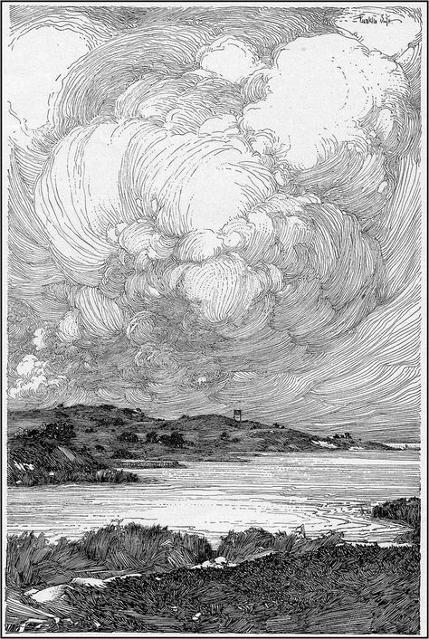 Franklin Booth (1874-1948) American artist of detailed pen-and-ink illustrations with the appearance of wood engravings. He created this style when he was young, self-teaching from illustrated magazine art, not realizing they were engravings. Pen and Ink 1909_05_Scribner's magazine ___ Franklin Booth additional information and images: Excellent bio with images: www.bpib.com/booth.htm The Franklin Booth Project: outsidelogic.com/franklinbooth/ Franklin Book | Comic Bo... Landscape Designs, Charcoal Drawings, Woodcut Art, Ink Drawings, Victorian Ink Illustration, Stephen Hopkins, Franklin Booth, 흑백 그림, Gambar Figur