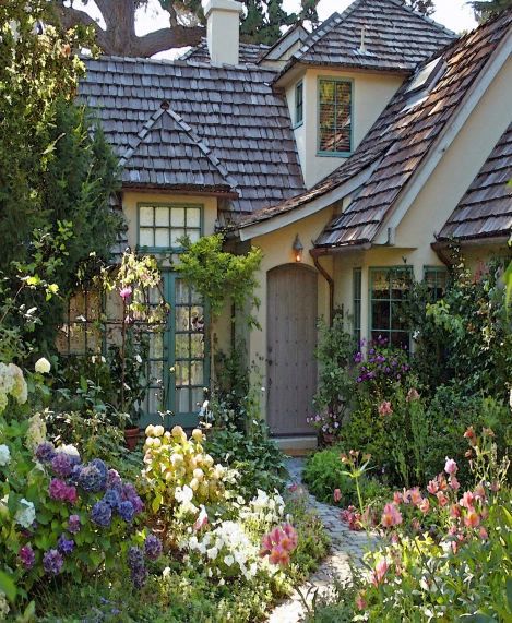 House In The Meadow, California Bungalow Aesthetic, Cottage And Garden, Cozy Cottage Exterior Fairy Tales, Wacky House Exterior, Co Op Living, 1920s Tudor Home, Dream House Cottage Interiors, Fairy Tale House Exterior