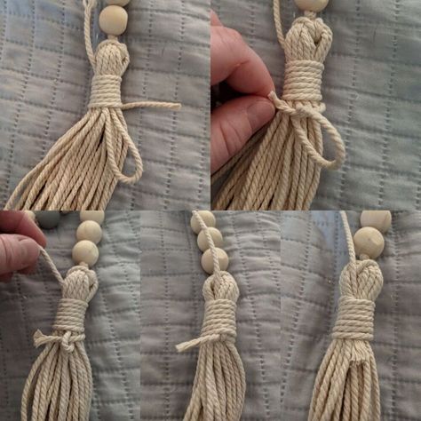 How To Make A Farmhouse Bead Garland With Attached Macrame Tassels | Hometalk Wood Bed Garland, Wood Bead Ring, Jute Tassels Diy, How To Make A Beaded Tassel Tutorials, Beads With Tassels Decor, How To Tie Off A Tassel, Wooden Bead Tassel Diy, Beads Garland Ideas, Tassel With Beads Diy