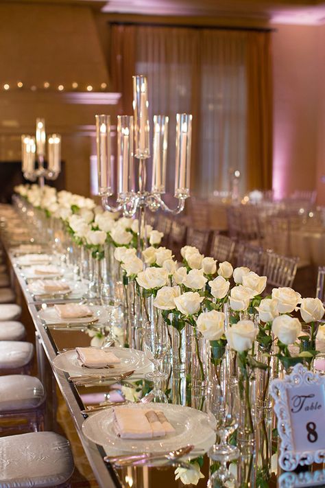 Candle And Flower Centrepiece, Rectangle Table Wedding Decor, Banquet Table Centerpieces, White Rose Centerpieces, Rose Centerpieces Wedding, Duke Photography, Pelican Hill, Wedding In California, Wedding Table Designs