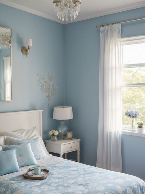 Indulge in the Blissful Serenity of Blue Bedroom Styling Create a romantic and dreamy atmosphere in your bedroom by incorporating popular items like sheer curtains, soft pastel colors, and delicate floral patterns. #BlueIdeas #BlueDesign Pastel, Pastel Bedroom Decor Ideas, Soft Blue Interior, Bedroom Inspirations Light Blue Wall, Dove Blue Bedroom, Blue Pastel Bedroom Ideas, Blue Bedrooms For Girls Ideas, Cozy Light Blue Bedroom, Single Bed Room Idea