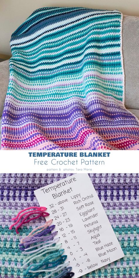 Temperature Blanket Ideas and Free Crochet Patterns Crochet A Temperature Blanket, Temperature Afghan Crochet, Tempature Blanket Crochet Pattern, Temperature Crochet Blanket, Temperature Blanket Ideas, Crochet Blanket Color Schemes, Temperature Blanket Crochet Pattern, Temperature Crochet, Crochet Temperature Blanket