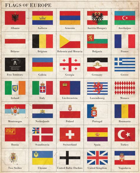 The flags of the countries of my Alternate History map of Europe The countries are:The Kingdom of AlbaniaThe Principality of AndorraThe Republic of ArmeniaThe Austro-Hungarian Federal RepublicThe P... Alternate History Map, Flags Of Europe, Country Symbols, All World Flags, Kingdom Of Bohemia, Flags Of European Countries, Flag Of Europe, World Country Flags, Kingdom Of Italy