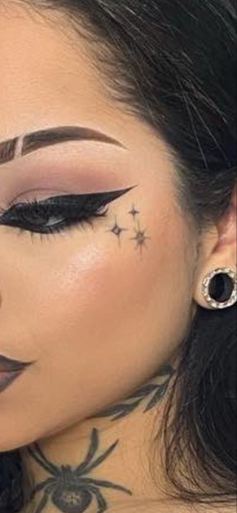 Face Tattoos For Women Stars, Woman Small Face Tattoo, Women’s Small Face Tattoo, Small Tattoo On Face Women, Face Tats For Women Under Eye, Small Under Eye Tattoos For Women, Side Of Face Tattoo Women Small, Tattoo By Eye On Face, Female Small Face Tats