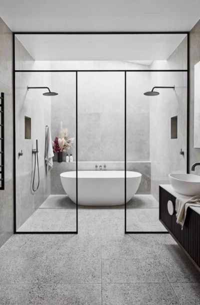 61 Modern Luxury Bathroom Design Ideas | Sebring Design Build Bathroom Inspiration Scandinavian, Double Shower Head, Bathroom Scandinavian Style, Modern Luxury Bathroom Design, Modern Luxury Bathroom, Minimalist Bathroom Design, Minimal Interior Design, Double Shower, Bad Inspiration