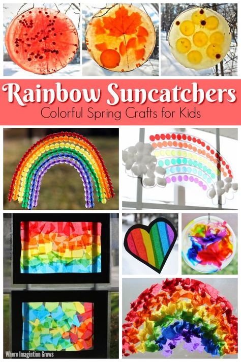 Simple and fun rainbow suncatcher crafts that kids can make for spring. Easy art and craft projects for toddlers and preschoolers with a colorful rainbow theme.  Beads, ice, tissue paper and more! So many creative ways to make sun catchers with simple art materials! Learn colors and color mixing! #rainbows #rainbowcrafts #kidscrafts #preschoolactivities #springcrafts Rainbow Craft For Kindergarten, Rainbow Art Projects For Kids, Pride Crafts For Kids, Tissue Paper Sun Catcher, Rainbow Crafts For Preschoolers, Suncatcher Crafts For Kids, Rainbow Art For Kids, Rainbow Suncatchers, Easy Art And Craft