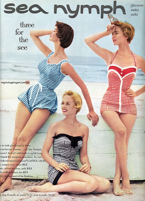 Sea nymph 1954    Dolores Hawkins (l), Tippi Hedren in the middle Vintage Bathing Suits 1950s, Vintage Inspired Bathing Suits, 1950s Bathing Suits, Retro Swimsuits, Bathing Suit For Women, Gingham Swimsuit, Tippi Hedren, Vintage Gingham, Luxe Lingerie