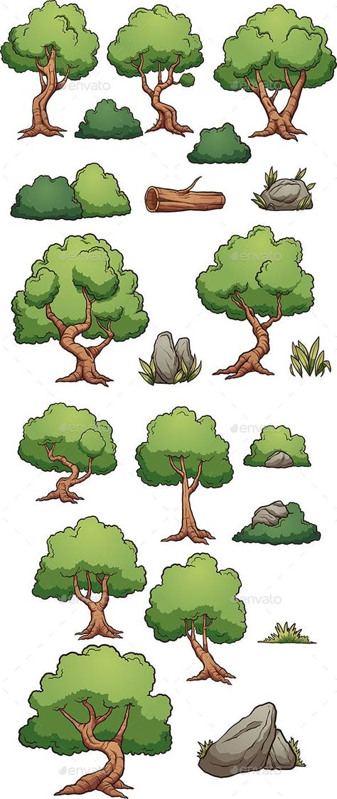 Trees Illustration Vector, Forest Plants Drawing, Forest Easy Drawing, Forest Drawing Easy, Forrest Drawing, Grass Hedge, Bush Drawing, Jungle Drawing, Forest Elements