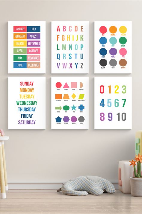 Montessori, Daycare Family Wall, Educational Playroom Wall Decor, Scheme Of Work For Nursery 1, Preschool Wall Printables Free, Preschool Learning Posters, Playroom Decor Colorful, Montessori Playroom Wall Decor, Rainbow Daycare Room