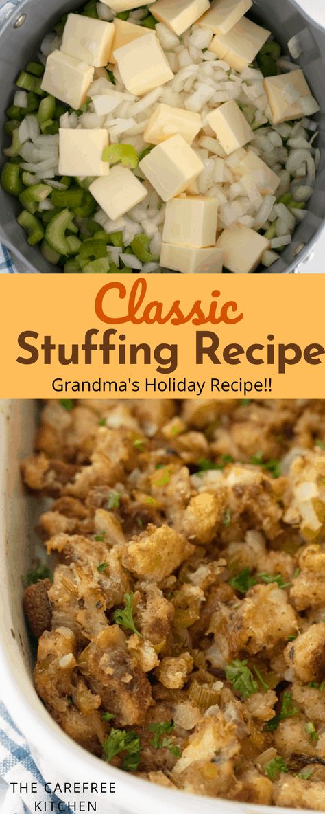 Grandma’s Thanksgiving Stuffing Recipe {Video} Grandmas Thanksgiving Stuffing, Stuffing Recipes For Turkey, Stuffing A Turkey Recipes, Simple Stuffing Recipe Thanksgiving, Classic Thanksgiving Stuffing, Classic Dressing Recipes Thanksgiving, Bread Dressing Recipes Stuffing, Fresh Stuffing Recipe, Out Of The Bird Stuffing