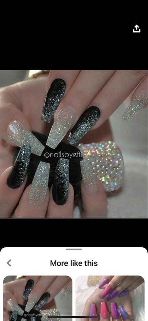 Black White And Silver Glitter Nails, Black And Grey Glitter Nails, Nails For Black And White Wedding, Black And White Party Nails, Fancy Black And Silver Nails, Unique Black And White Nails, Sparkly Black And White Nails, New Years Nails Silver Glitter, Sparkly Black Ombre Nails