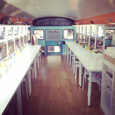 Follow the Art Bus on Instagram @art_bus Art Studio On Wheels, School Bus Converted To Food Truck, Bus Art Studio, Mobile Art Studio Trailer, Caravan Art Studio, Truck Camping Ideas, School Bus Classroom, Mobile Art Studio, Mobile Classroom