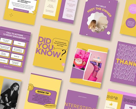 Vibrant Instagram template with motivational quotes and bright colors to help coaches, lifestyle bloggers, and other creatives stand out on social #Pop_Instagram_Feed #Colorful_Instagram_Template #Purple_Yellow_Branding #Instagram_Profile_Ideas_Design Professional Canva Design, Pop Instagram Feed, Purple Yellow Branding, Colorful Instagram Post, Purple Feed Instagram, Yellow Feed Instagram, Purple Instagram Feed, Instagram Feeds Design, Brand Instagram Feed