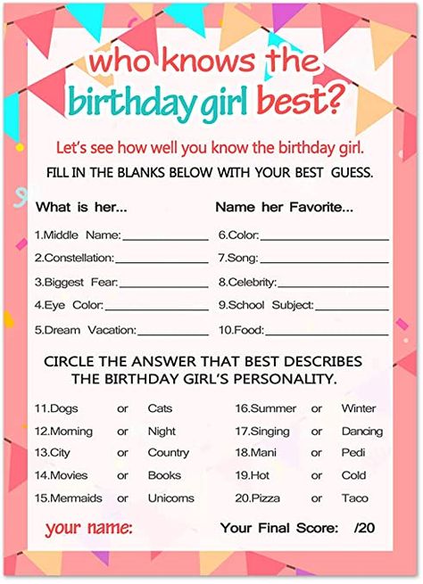 Amazon.com: Who Knows The Birthday Girl Best, Birthday Girl Games - 20 Game Cards: Home & Kitchen 40th Party Games, 90th Birthday Party Games, 92 Birthday Party Ideas, Decade Birthday Party Ideas, Birthday Brunch Games, Birthday Girl Games, 80th Birthday Party Games, Volleyball Braids, 40th Birthday Party Games