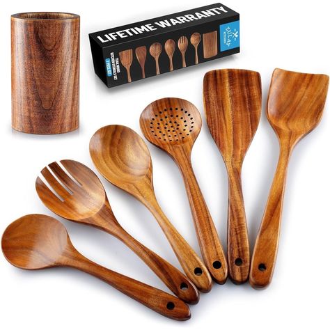 Zulay Kitchen Premium 7-Piece Wooden Spoons for Cooking Wood Cooking Utensils, Wooden Utensils Set, Spoon Salad, Salad Spoon, Wooden Cooking Utensils, Pasta Server, Wood Utensils, Wooden Kitchen Utensils, Natural Teak Wood