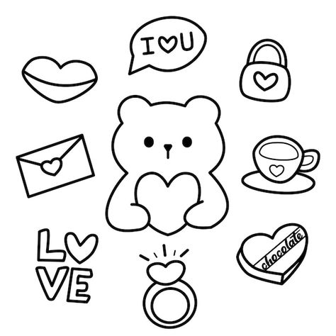 Kawaii, Bear Coloring Page, Symbols Design, Valentine Bear, Kawaii Valentine, Korean Snacks, Colouring Sheets, Frame Border Design, Bear Coloring Pages