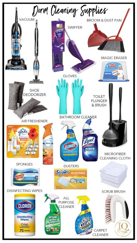 Organisation, Kitchen Cleaning Supplies List, House List Supplies, Cleaning Supplies For Apartment, Cleaning Supplies For First Apartment, Bathroom Supply List, Bathroom Cleaning Essentials, Dorm Cleaning Checklist, College Dorm Cleaning Schedule