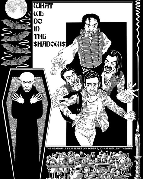 Jeff VandenBerg on Instagram: “Poster of the day! WHAT WE DO IN THE SHADOWS  by @dinosaursbuiltthepyramids  Screen printed posters for the Meanwhile Film Series are…” What We Do In The Shadows Poster, Shadow Film, Father Ted, Vampire Shows, Screen Print Poster, Taika Waititi, Printed Poster, The Dark Crystal, In The Shadows