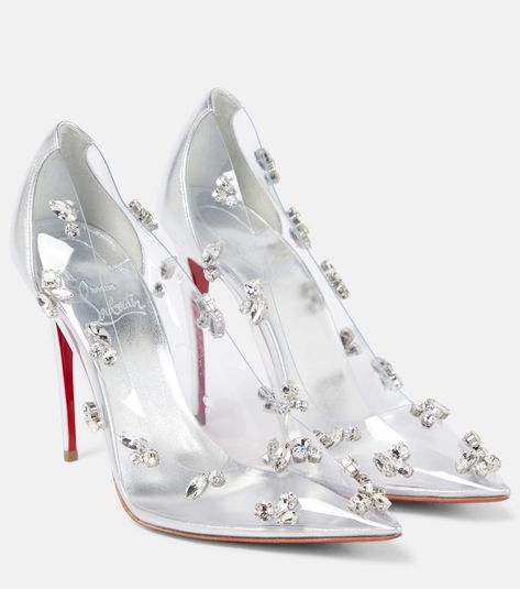 Degraqueen embellished PVC pumps in silver - Christian Louboutin | Mytheresa White Louboutin Heels, White Louboutin, Christian Louboutin Shoes Pumps, Louboutin Wedding Shoes, Clear Pumps, Louboutin Online, Stiletto Heels Boots, Perfect Heels, Vintage Heels