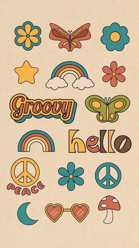 Groovy retro sticker, editable remix set | premium image by rawpixel.com Retro Stickers Printable, Groovy Elements, Groovy Stickers, Groovy Aesthetic, Wallpaper Star, Groovy Design, Retro Graphic Design, Logos Ideas, Vintage Style Art