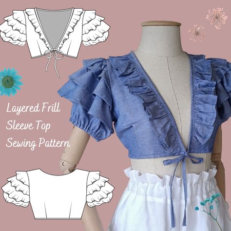 Beginner friendly,well made,trendy and easy to follow with photo instruction pdf sewing patterns Couture, Layered Puff Sleeve, Diy Ruffle Sleeve, Ruffle Top Pattern, Ruffle Sleeves Pattern, Top Pattern Sewing, Sewing Pdf Pattern, Korea Dress, Cottagecore Outfits