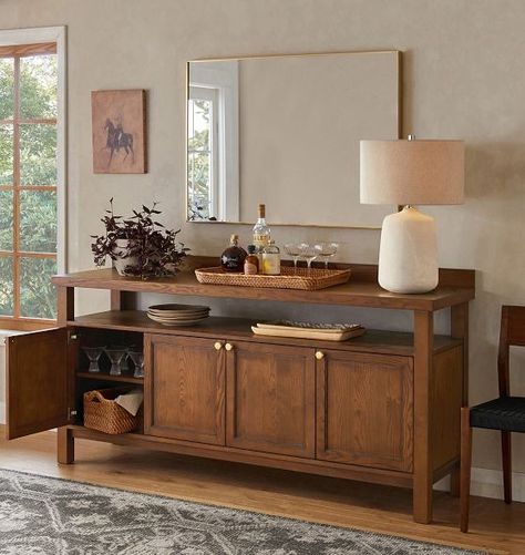 Buffet & Console Tables | Sideboards | Rejuvenation Kos, Modern Walnut Kitchen, Ideas Decoracion Salon, Dining Room Buffet Table, Dining Room Credenza, Credenza Styling, Walnut Kitchen Cabinets, Credenza Decor, Sideboard Styles