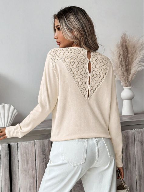 Suéter minimalista con cuello en V sólido, manga larga y recortes, uso casual diario, suéteres de mujeres con parches de encaje para otoño, suéteres de invierno de manga larga para mujeres, blusas de otoño, suéteres de otoño, blusas de invierno de manga larga para mujeres, suéter color albaricoque Albaricoque Casual  manga larga Lana Peinada Liso Pullovers Estiramiento medio  Women Clothing, size features are:Bust: ,Length: ,Sleeve Length: Minimalist Sweater, Winter Tops For Women, Sweaters Fall, Fall Sweaters For Women, Sweaters Women, Women Sweaters, Lace Patchwork, Sleeve Women, Winter Tops