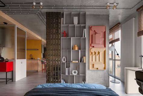 Suprematism Apartment: Modern Tribute to Ukrainian Avant-Garde Avant Garde, Glass Bricks, Sliding Curtains, Milan Apartment, Industrial Style Interior, Brick Interior, Apartment Modern, Colorful Apartment, Palace Interior