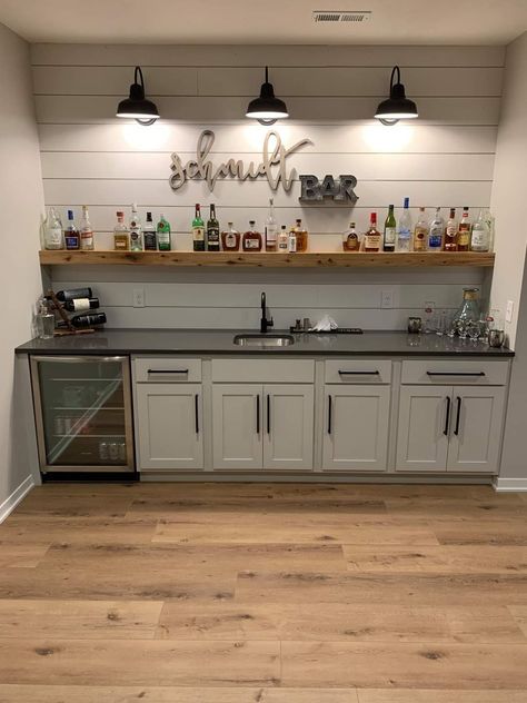 Basement Bar Ledge Ideas, Rustic Wine Bar Ideas Home, Basement Serving Counter, Wine Bar In Family Room, Coastal Bar Decor, Country Home Wall Decor, Basement Bar Designs Farmhouse, Family Room Bar Ideas Farmhouse, Basement Bar White Cabinets