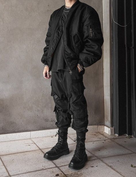 Goth Aesthetic Men Outfit, Men Fashion Techwear, Outfit Bomberjacket Aesthetic, Tech Wear Aesthetic Outfits, Men’s Cyberpunk Outfit, Men Outfits Techwear, Tactical Wear Aesthetic Men, Casual Techwear Outfits, Techwear Men Outfit Aesthetic