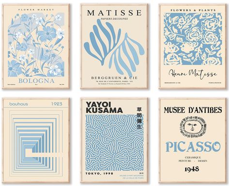 PRICES MAY VARY. 【Matisse Wall Art Prints】 The size of the Matisse canvas wall art set is: 8x10inch (20x25cmx6pcs). With abstract style and neutral tones, the vintage Matisse gallery wall art set is the best choice for Housewarming gifts or gallery decoration. 【Pefect Matisse Posters for Room Decor】 Gallery Wall Art Set is a mix of different famous artist paintings, like Matisse, Flower Market, Yayoi Kusama and Picasso. The retro canvas artwork in blue tones, easily mix and match different home Blue Poster Prints, Matisse Flower Market, Matisse Posters, Gallery Decoration, Blue Matisse, Vintage Art Posters, Artistic Posters, Boho Canvas, Posters Modern