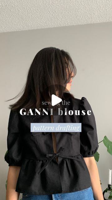 Liliya on Instagram: "Finally showing you how to pattern draft the GANNI blouse from a t-shirt you already own! I love drafting my own patterns because it a fun challenge for me and … I’m cheap (the main reason, let’s be honest). 

Steps to draft the GANNI blouse: 
1. Trace the front half of a t-shirt you own. The important thing here is understanding how the t-shirt fits you, and how you want the blouse to fit you. For me, I lowered my neckline, armhole and widened the shirt by about 1cm each since my t-shirt is quite fitted. 

2. Measure how long you want your blouse to be from the neckline to the ruffles.

3. Repeat exactly the same for the back! I left my neckline alone this time and only added ease to the side (1cm). 

4. Measure the length of the side seam from the front bodice and t Couture, Ganni Tie Front Top, Ganni Blouse Sewing Pattern, Sewing A Blouse, Self Drafted Sewing Pattern, Ganni Top Sewing Pattern, Ruffle Top Diy, Sewing A Shirt, Ruffle Blouse Pattern