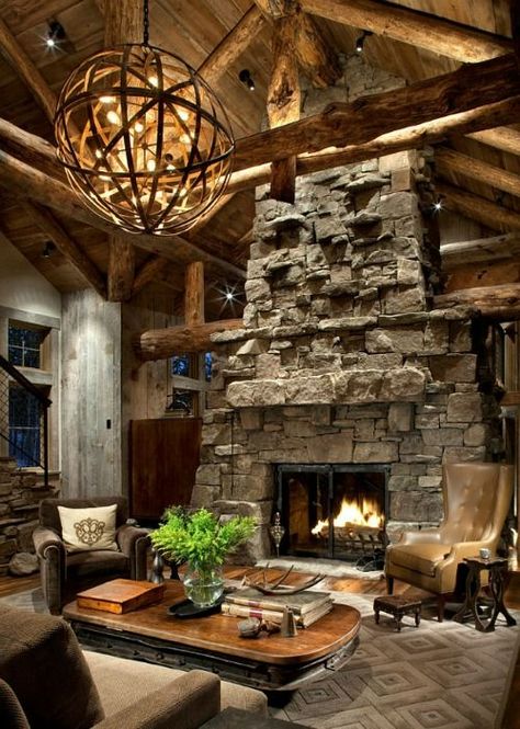 Lodge Style- For Your Cottage, Cabin or Home ~ White Arrows Home Rustic Outdoor Fireplaces, Lodge Living Room, Design Camino, Cabin Fireplace, Outdoor Fireplace Designs, Modern Rustic Living Room, Rustic Home Interiors, Rustic Light Fixtures, Living Room Decor Rustic