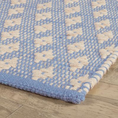 The classic diamond pattern and low profile weave of this versatile cotton rug gain added interest from raised textures and a gridwork background. Softly cushioning underfoot, this cozy rug is an easy and relaxed accent for playrooms, family rooms, and bedrooms. Rug Size: Runner 2'5" x 8' | Blue / Gray 96 x 30 x 0.25 in Area Rug - Home Conservatory Dainty Diamond Denim / Ivory Handwoven Cotton Rug Cotton | 96 H x 30 W x 0.25 D in | Wayfair Natural Colored Rugs, Rugs In Kitchens, Americana Rug, Whimsical Rugs, Pond Rug, Whimsical Rug, Bedrooms Rug, Blue Rug Bedroom, Home Conservatory