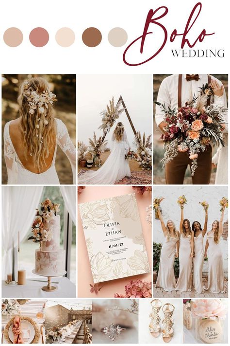 Inspired by nature and the bohemian romantic free spirit, boho-chic wedding decor is most brides’ favorite wedding theme. Soft and romantic is what the bohemian theme is all about. Think of elements like tassels, macrame, dream catchers paired with green leaves, wildflowers, pampas grass, dried palm leaves, etc., all in an earthy color palette with muted hues such as blush. #weddingtrends #wedding #brides #bridal #weddingdress March Wedding Colors Boho, Nature, Pampas Grass Wedding Color Scheme, Neutral Garden Wedding Color Schemes, Bali Wedding Color Palette, Boho Wedding Pallete Color, Boho Glam Wedding Color Palette, Summer Wedding Boho, Bohemian Wedding Colors Palette