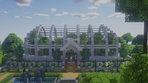 Minecraft Jungle Farm Ideas, Zoo Enclosure Minecraft, Glass Garden Minecraft, Minecraft Parrot Sanctuary, Big Greenhouse Minecraft, Minecraft Big Greenhouse, Panda Enclosure Minecraft Ideas, Zoo Ideas Minecraft, Minecraft Building Ideas Animal Farm