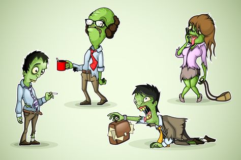 Set of Four Office Zombies - Illustrations - 1 Office staff of zombies in different situations. Such as:  -Office zombie with a cigarette  -Office zombie with a mug of coffee  -Office zombie crawls with a briefcase in hand  -Office zombie girl with phone and handbag  Keywords -business,	businessman, businesswoman,	cartoons,	coffee,	dead, halloween,	human,	man,	manager, office,	people,	phone,	professional, secretary,	woman,	work,	workers, working,	zombie Office Zombie, Zombie Drawing, Zombie Crawl, Coffee Office, Manager Office, Zombie Drawings, Zombie Cartoon, Zombie Illustration, Zombies Run