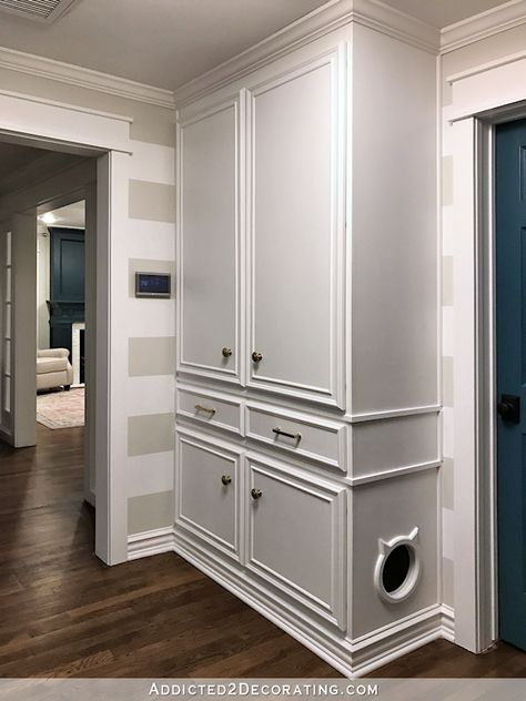 Linen Hallway Cabinet, Hallway Cabinets Built In Makeover, Bathroom Linen Cabinet Built In, Linen Cabinet Hallway, Hallway Cabinet Makeover, Hallway Linen Cabinet, Hallway Built In Cabinets, Built In Hallway Storage, Hallway Linen Closet