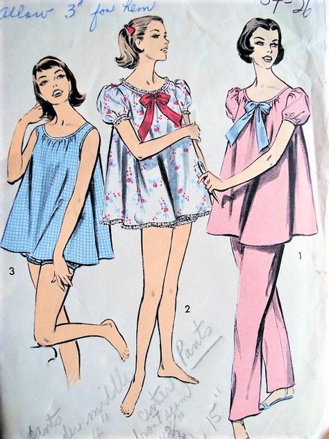 Couture, 1950s Pajamas, Flirty Pajamas, Baby Doll Pajamas, Doll Pajamas, Pajamas Aesthetic, 1950s Fashion Women, Lingerie Patterns, Vintage Pajamas