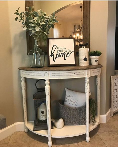 #rusticdecor #farmhousedecor #farmhousehomedecor #rustichomedecor Buffet Table Runners, How To Style A Half Moon Console Table, Half Moon Entry Table Decor, Half Moon Console Table Decor, Small Entry Table Decor, Small Entryway Table Decor, Apartment Entryway Decor, Foyer Table Decor, Entrance Table Decor