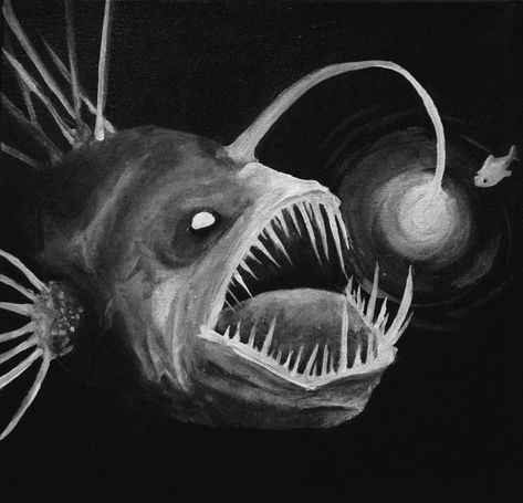 Fish With Light On Head, Deep Sea Monsters Art, Scary Sea Animals, Angler Fish Sketch, Lantern Fish Drawing, Fish Bone Illustration, Angler Fish Painting, Deep Sea Fish Drawing, Deep Sea Creatures Scary