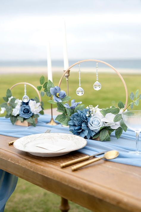 Hoop Centerpiece, Wreath Hoop, Blue Wedding Centerpieces, Blue Wedding Decorations, Blue Centerpieces, Wedding Reception Table Decorations, Reception Table Decorations, Hanging Crystal, Tiny White Flowers