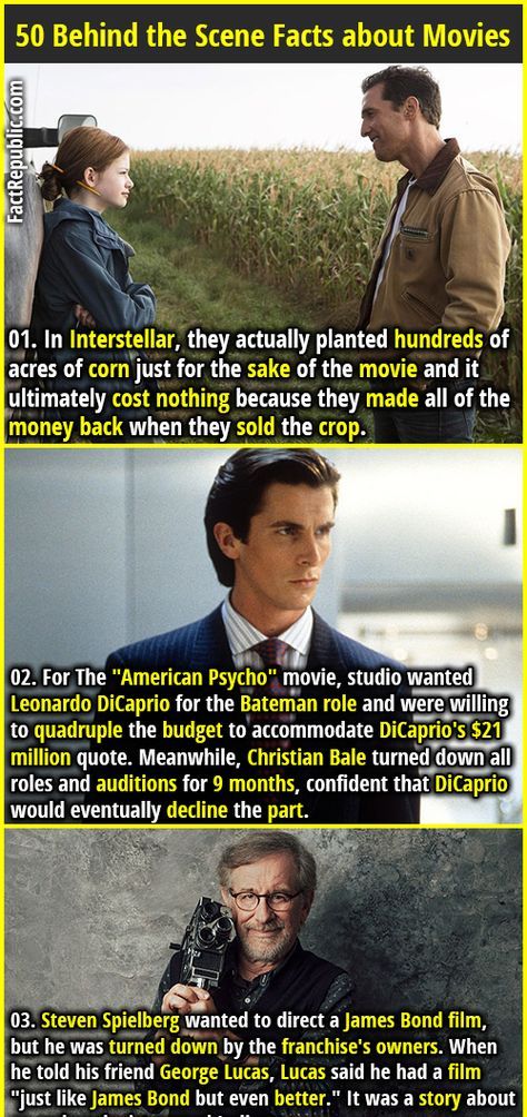 1. In Interstellar, they actually planted hundreds of acres of corn just for the sake of the movie and it ultimately cost nothing because they made all of the money back when they sold the crop. 2. Butterfly McQueen, one of the stars of "Gone with the Wind," was unable to attend the film's premiere because it was held in a whites-only theater. Random Facts, Film Facts, Anterograde Amnesia, Useless Knowledge, Fact Republic, Movie Facts, Fascinating Facts, Behind The Scene, Read Later