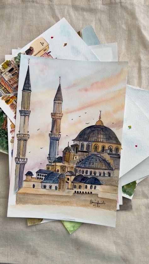 mariamjaffri on Instagram: Salam everyone! Hope you all remember the reel I posted a few days ago. I had started working on a series of Watercolour painting’s for a… Istanbul Painting, Istanbul Art, Dry Leaf Art, Islamic Calligraphy Art, Holiday Homework, Kutch Work Designs, Kutch Work, Islamic Calligraphy Painting, Happy Belated Birthday