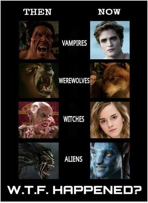 Dear Hollywood: What Happened?! Humour Geek, Zombie Vampire, Then Vs Now, 80s Horror, Vampires And Werewolves, Funny Horror, Movie Memes, Pahlawan Super, Geek Humor