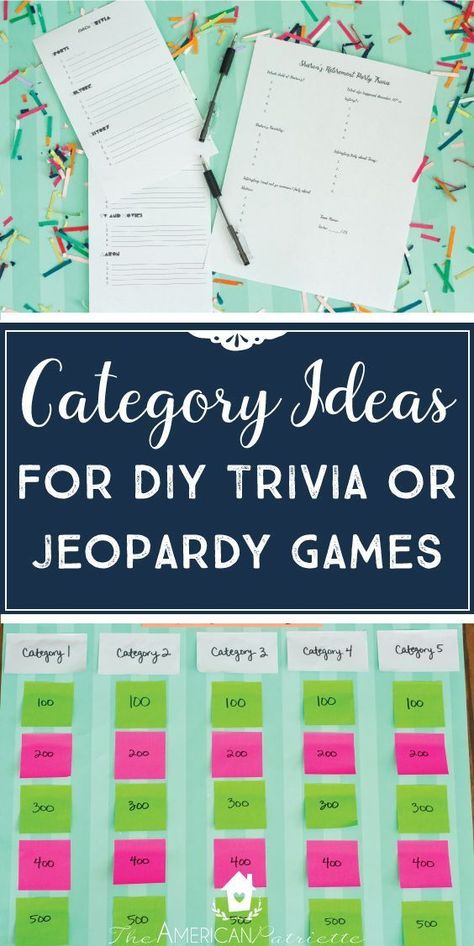 Category Ideas for DIY Trivia or Jeopardy Games, group party game ideas, fun group game ideas, fun group activity, birthday party activity ideas, fun party activities for adults Jeopardy Games, Trivia Games For Adults, 40th Birthday Party Games, 40th Birthday Games, Hospitality Ideas, Party Games Group, Homemaking Ideas, Games Group, Birthday Games For Adults