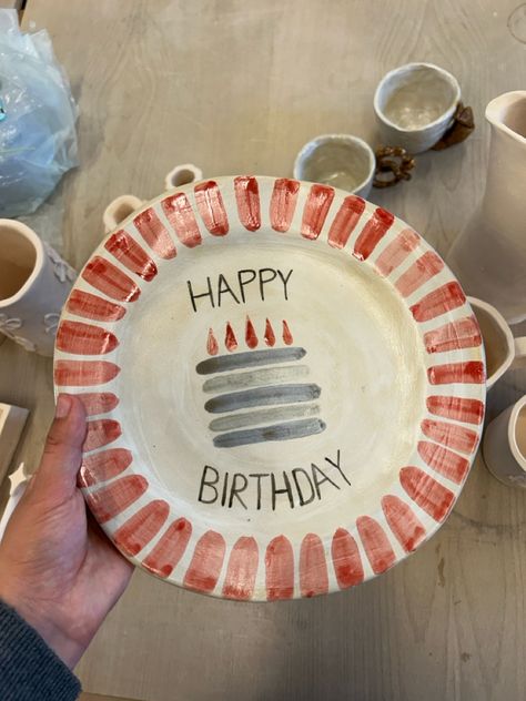 Just made a ceramic birthday plate for everyone in my family to use! Happy Birthday Plate Ceramic, Paint Your Own Pottery Birthday Plate, Happy Birthday Ceramic Plate, Ceramic Birthday Gift Ideas, Birthday Plate Design, Happy Birthday Pottery Plate, Ceramic Birthday Plate Diy, Color Me Mine Birthday Plate, Birthday Pottery Painting Ideas