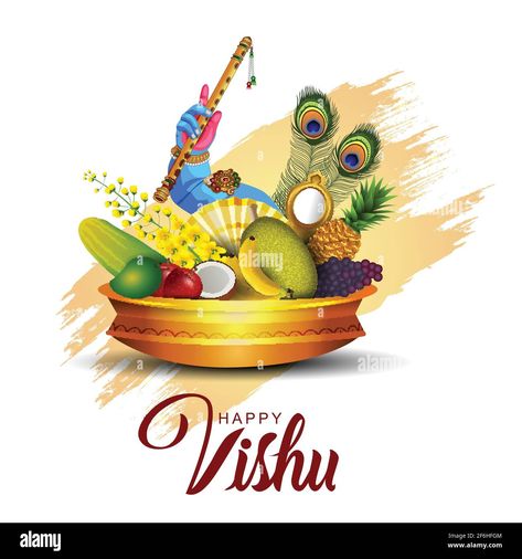 Download this stock vector: Happy Vishu greetings. April 14 Kerala festival with Vishu Kani, vishu flower Fruits and vegetables in a bronze vessel. vector illustration design - 2F6HFGM from Alamy's library of millions of high resolution stock photos, illustrations and vectors. Vishu Flower, Vishu Images, Vishu Greetings, Kerala Festival, Vishu Kani, Remembrance Day Posters, Happy Vishu, Grey Wallpaper Iphone, Eid Background