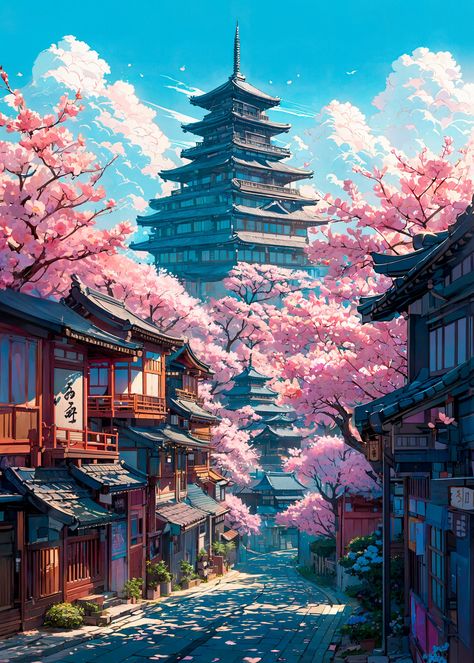 On the road to the pagoda #displate #sakura #fireflyai #photoshop #japan #lofi #cherryblossom #aiart #idgaming #digitalart Geishas, Cozy Anime, Art Pictures Ideas, Japan Wallpaper, Sakura Japan, Anime Landscape, Desktop Wallpaper Art, Japan Aesthetic, Japan Style